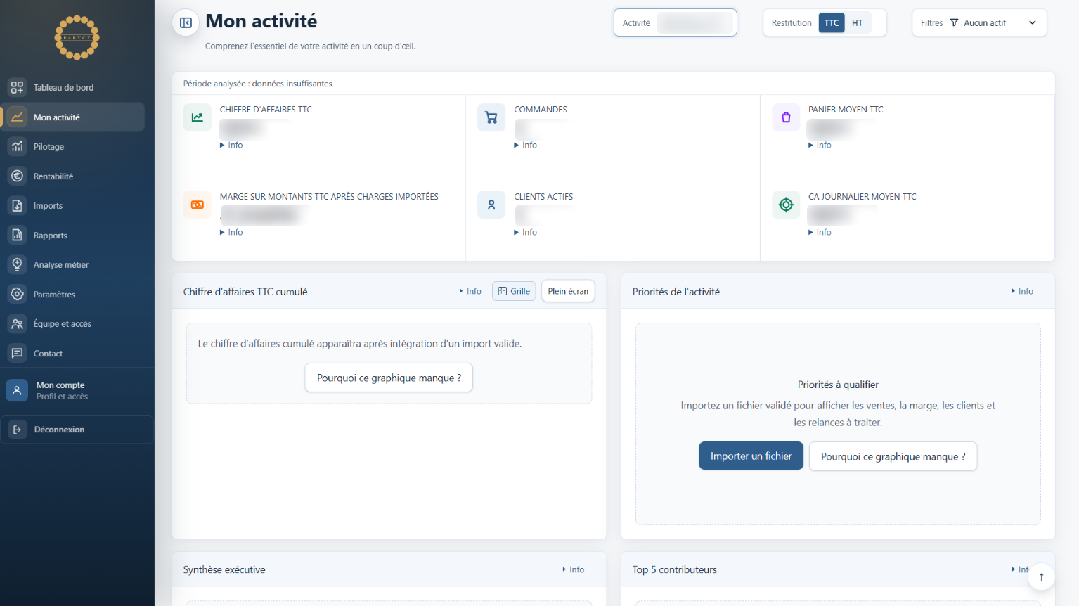 Écran entier Mon activité de Parycy, avec logo et navigation visibles, indicateurs floutés